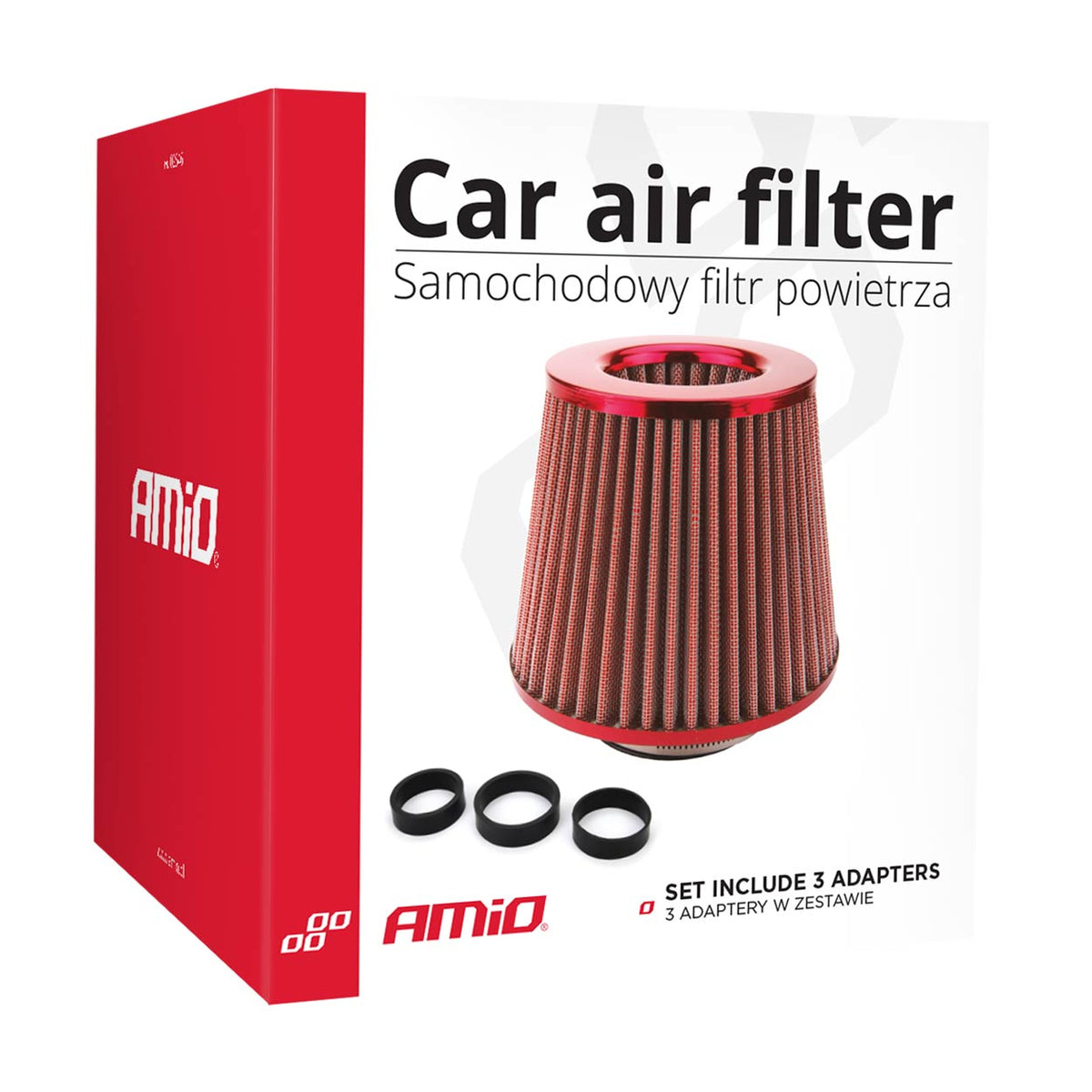 Car Air Conical Filter rood, universeel, 3 montageadapters AMiO 01042 - AMiO 01042 - afbeelding 3