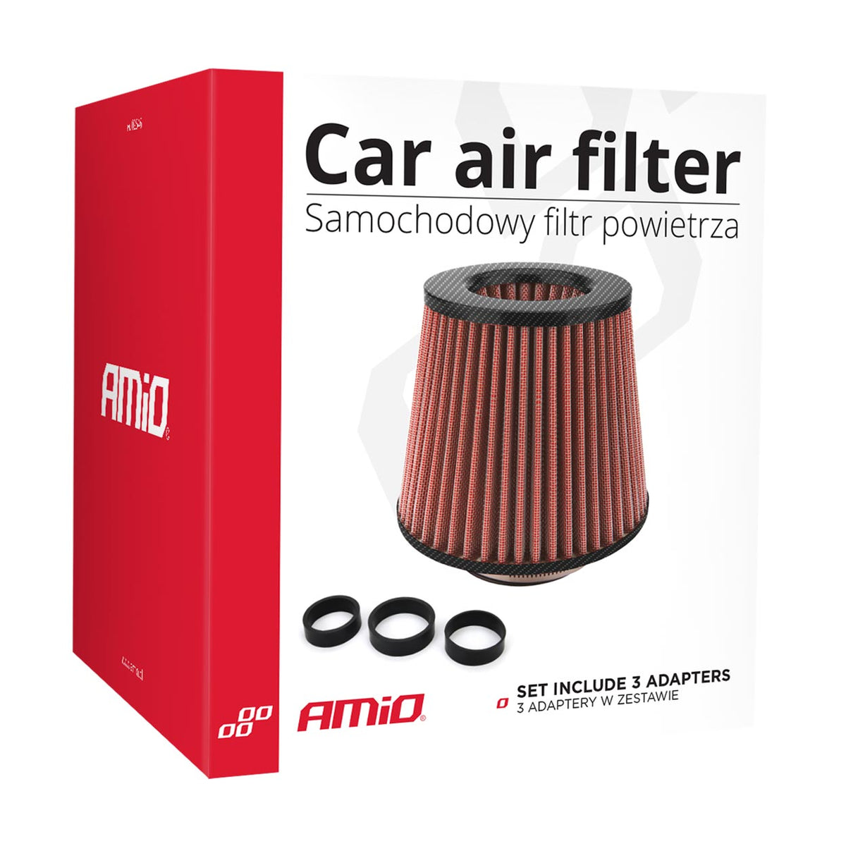 Car Air Conical Filter rood/carbon, universeel, 3 montageadapters AMiO 01713 - AMiO 01713 - afbeelding 3
