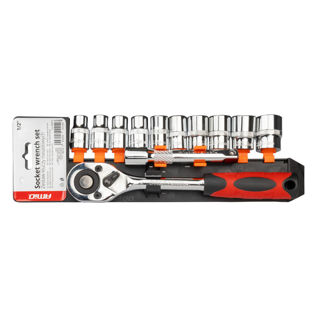 Metrische Ratelsleutel Dopsleutel Reparatie Gereedschapsset 11-delig (1/2 AMiO 02412 - AMiO 02412 - afbeelding 1