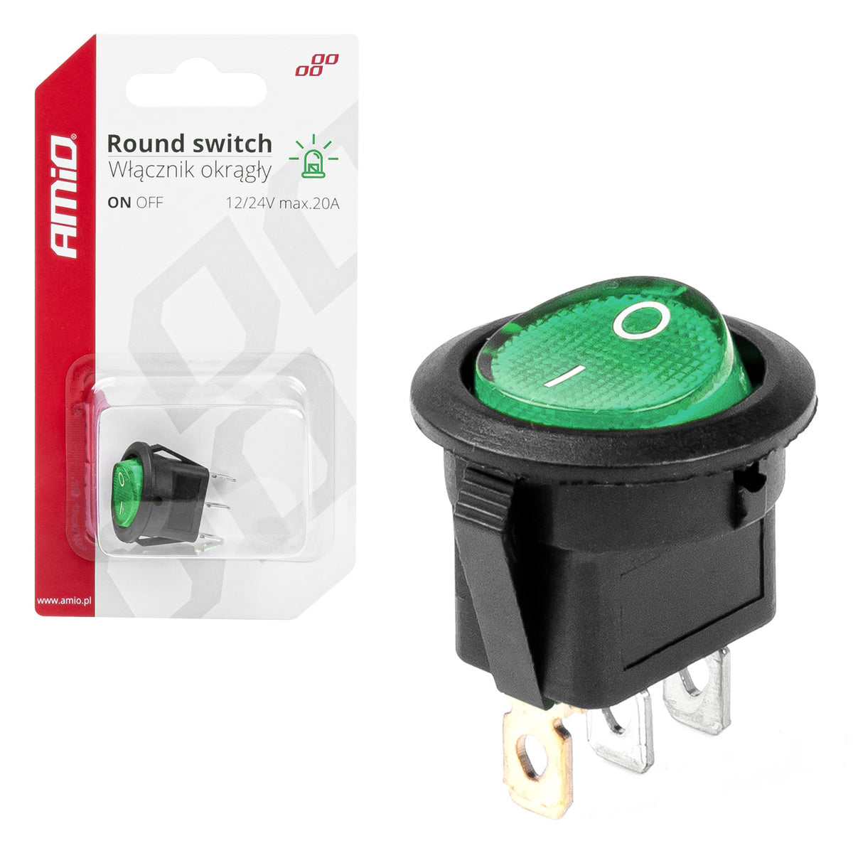 Ronde schakelaar met Groen Licht 12/24V 20A AAN/UIT AMiO 03084 - AMiO 03084 - afbeelding 1