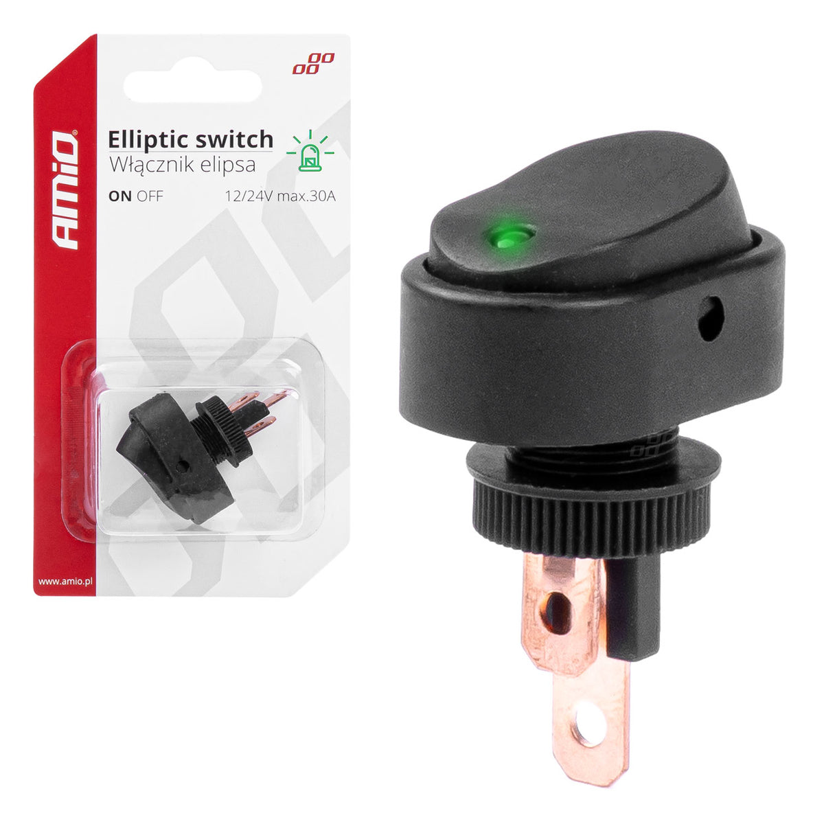 Elliptische schakelaar met groen licht 12/24V max 30A AAN/UIT AMiO 03087 - AMiO 03087 - afbeelding 1