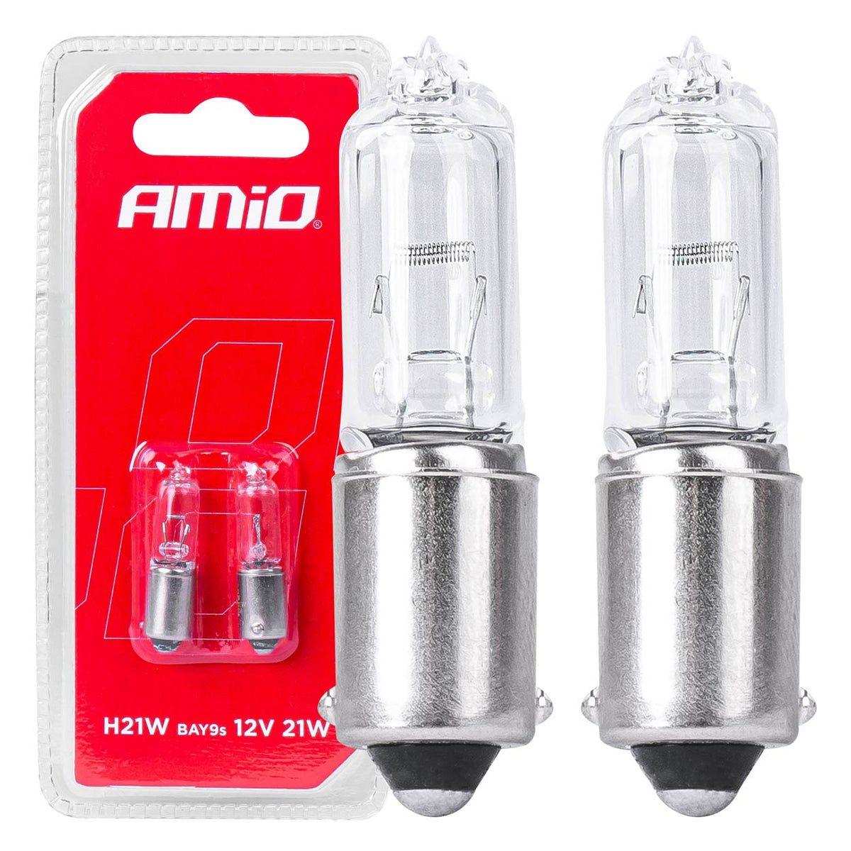 Halogeenlampen H21W 12V 21W BAY9S wit 2st blister AMiO 03357 - AMiO 03357 - afbeelding 1