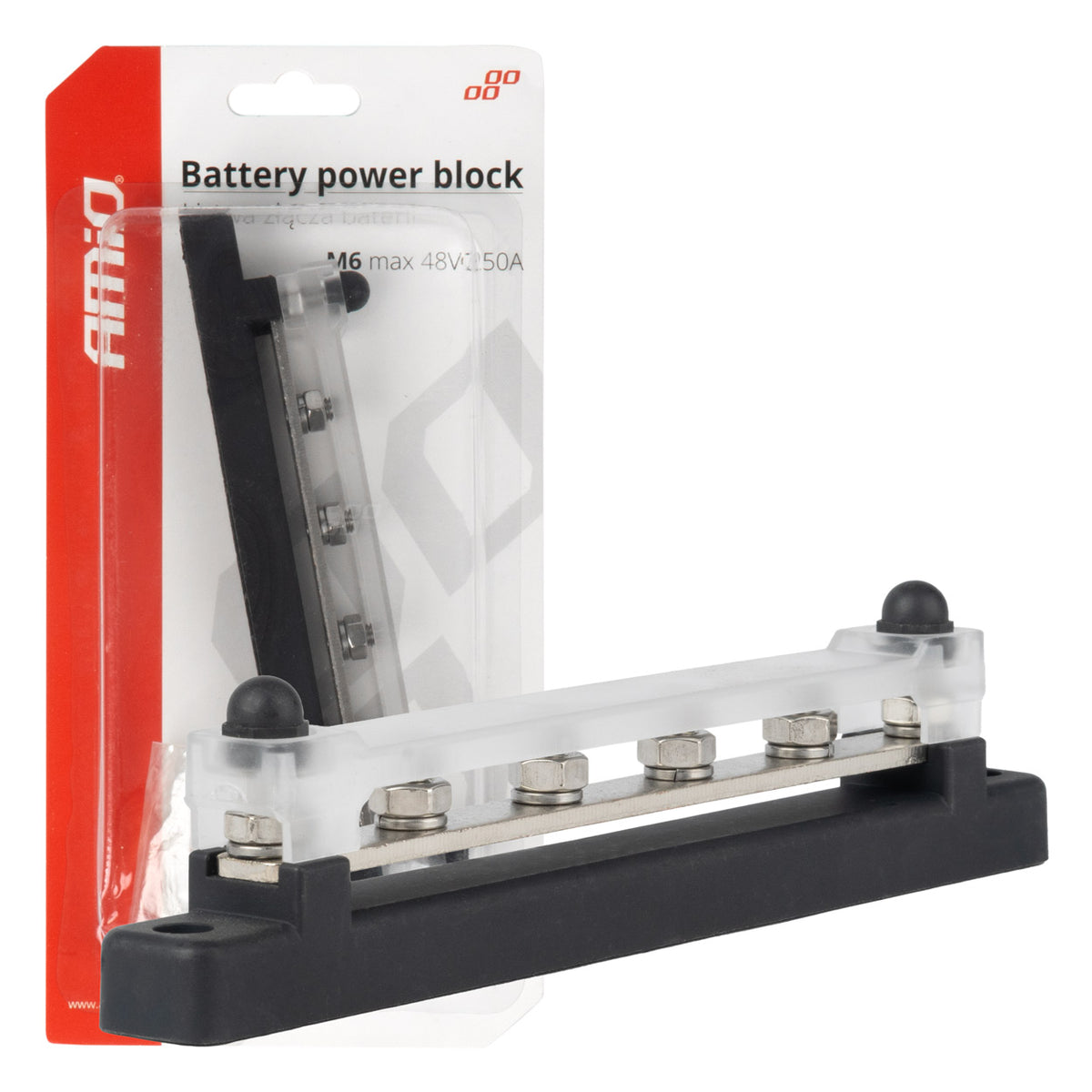 Grondverdeelblok plus rail M6 12V - 48V 150A AMiO 03808 - AMiO 03808 - afbeelding 1