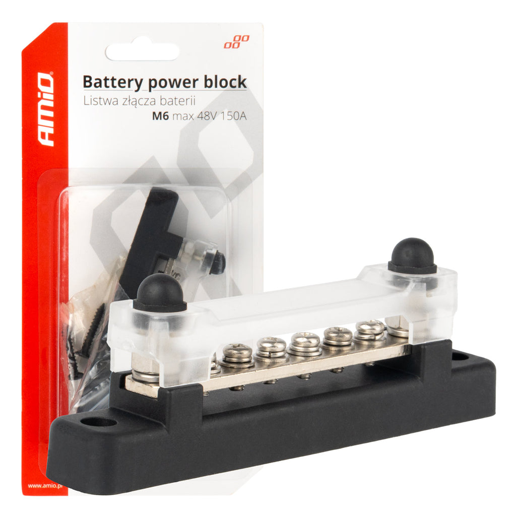 Minus stroombalk M6 12V - 48V 150A massaverdeelblok AMiO 03809 - AMiO 03809 - afbeelding 1
