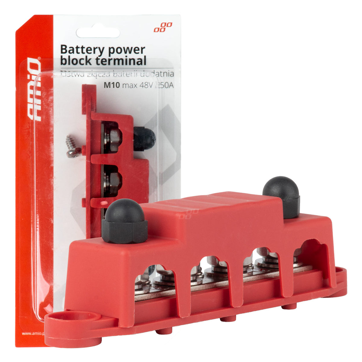 Grondverdeelblok plus rail M10 12V - 48V 250A AMiO 03812 - AMiO 03812 - afbeelding 1