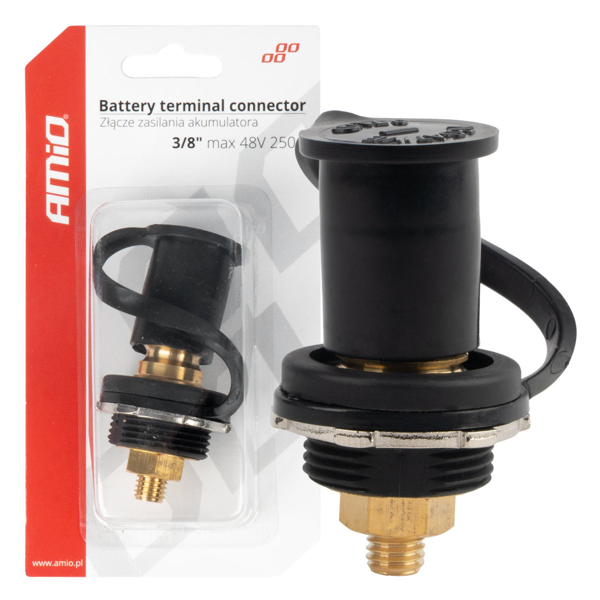Batterijvoedingsconnector zwart min met dop 3/8 M10 12V 24V 48V 250A AMiO 03813 - AMiO 03813 - afbeelding 1