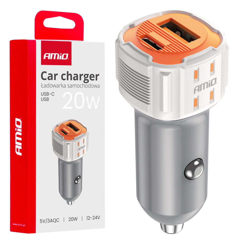 Autolader USB-A + USB-C 20W 12/24V AMiO 03882 - AMiO 03882 - afbeelding 1