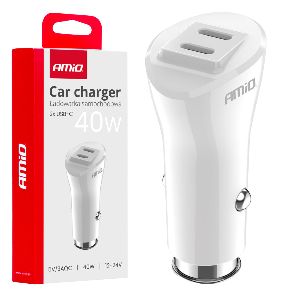 Autolader 2xUSB-C 40W 12/24V AMiO 03884 - AMiO 03884 - afbeelding 1