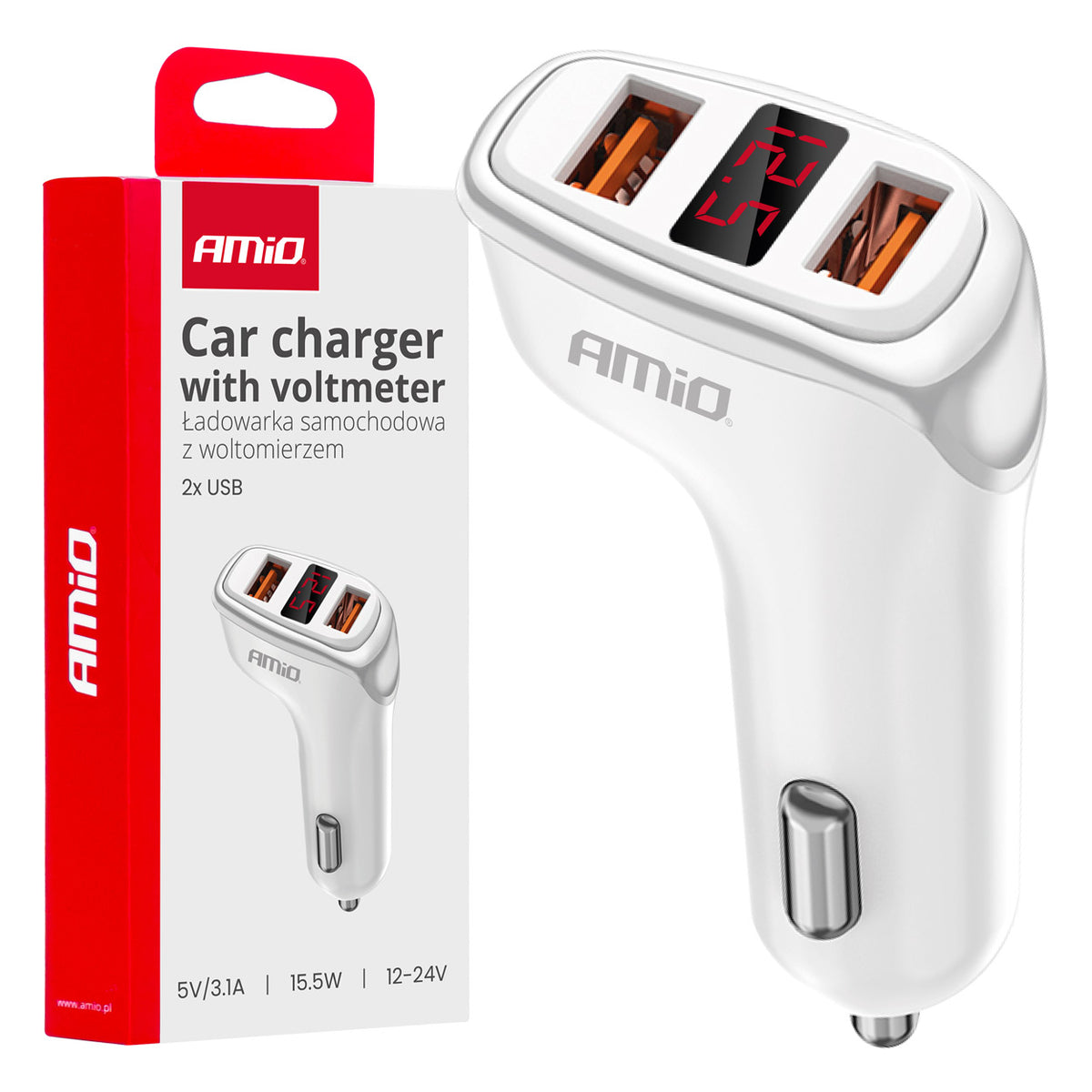 Autolader 2x USB-A + batterijcheck 3.1A 12/24V AMiO 03887 - AMiO 03887 - afbeelding 1