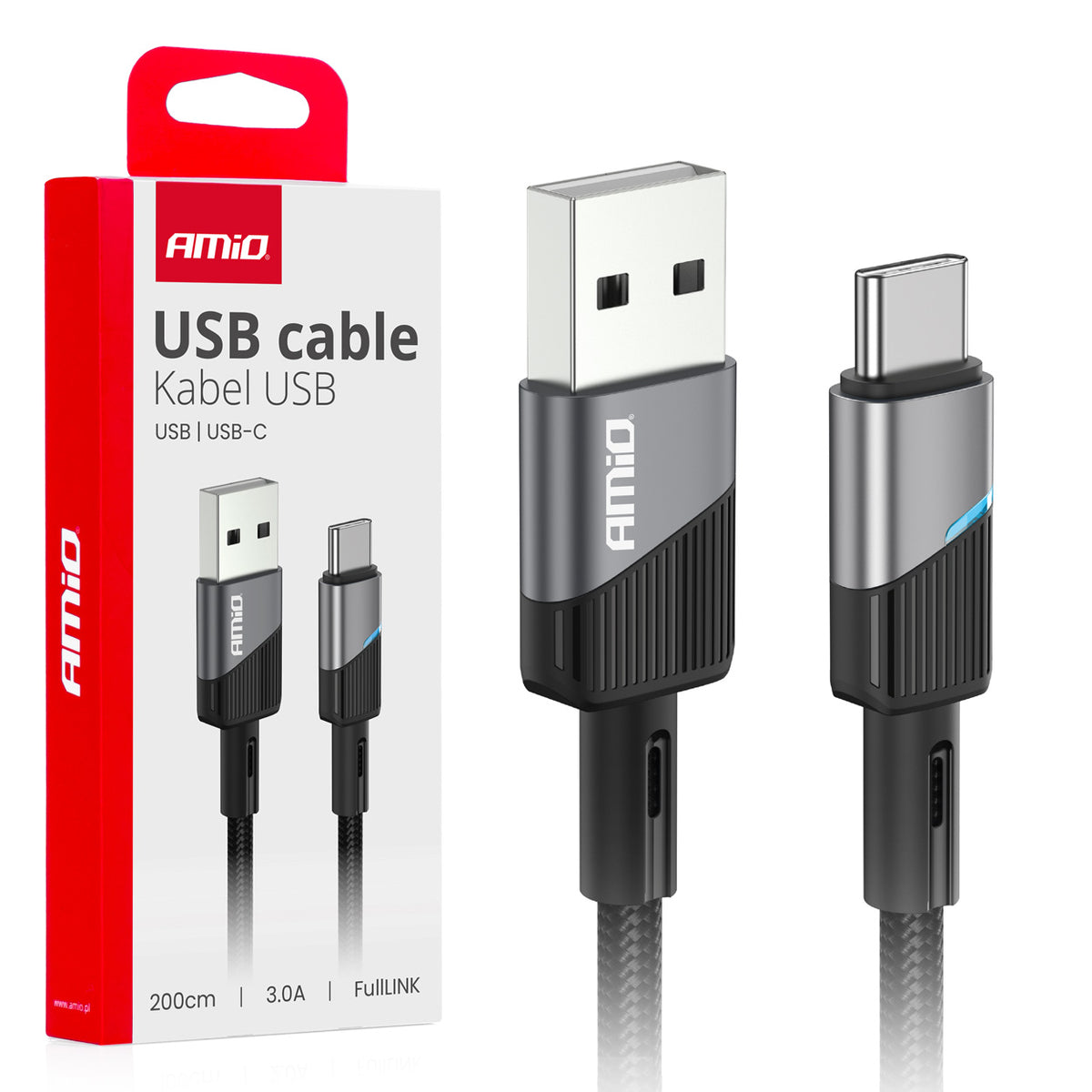 USB naar USB-C kabel 3A 200cm FullLINK AMiO 03924 - AMiO 03924 - afbeelding 1