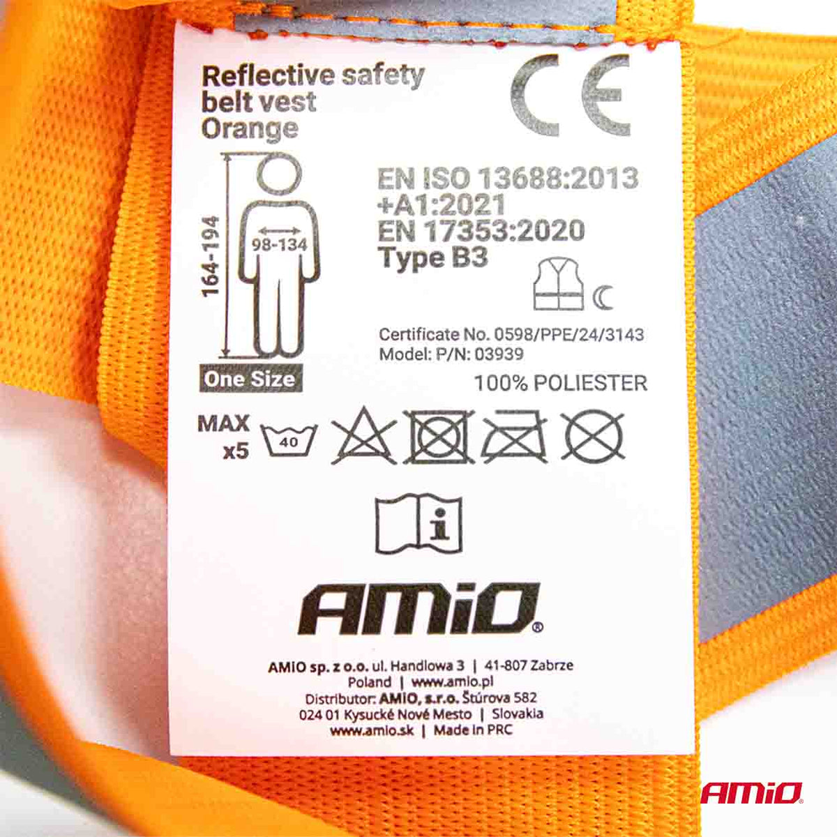 Reflecterend veiligheidsgordelvest oranje kleur AMiO 03939 - AMiO 03939 - afbeelding 2