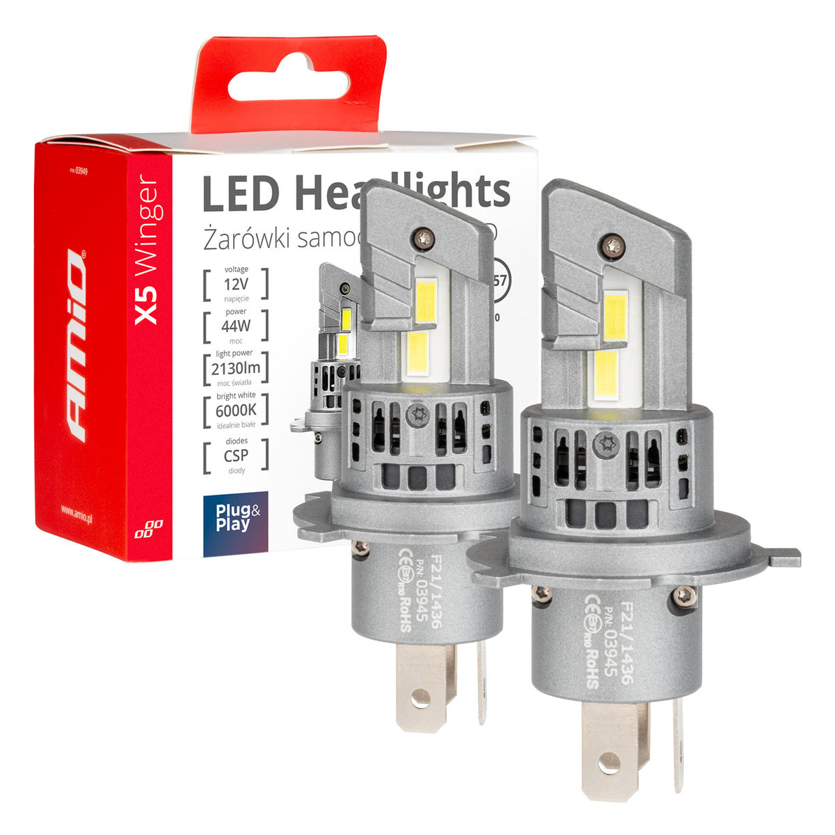LED Koplampen X5-serie WINGER H4 6000K max 44W AMiO 03945 - AMiO 03945 - afbeelding 1