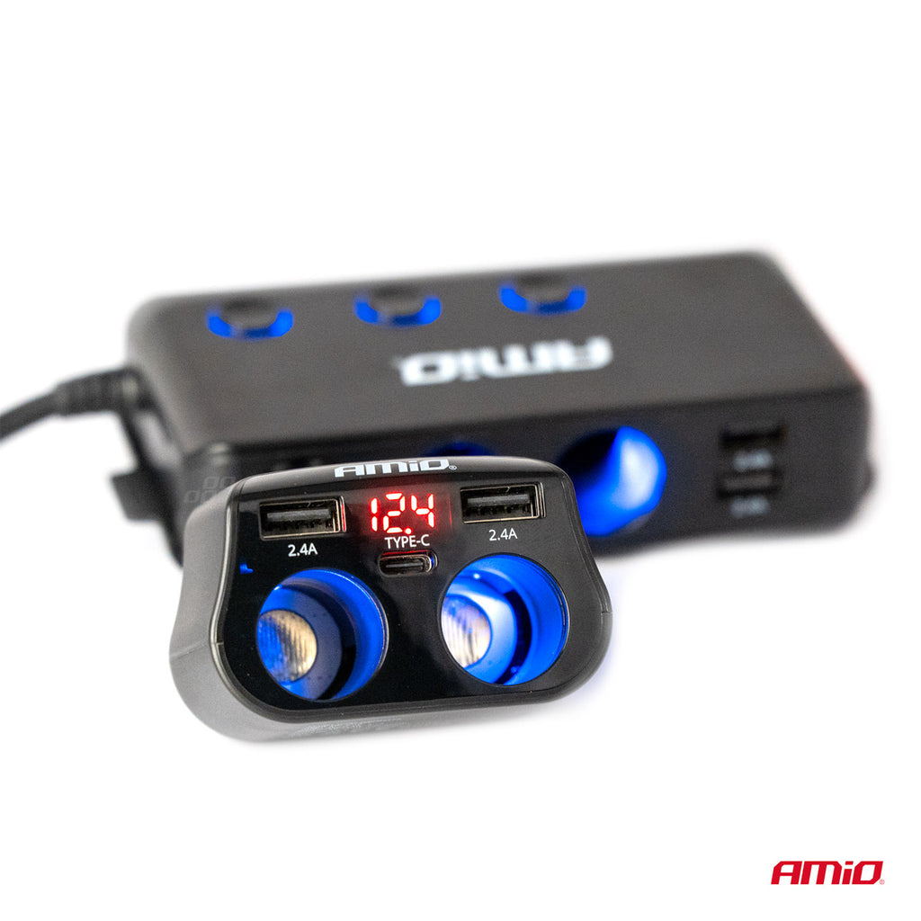 Dubbel Verlengstopcontact 2xUSB 1xUSB C 12/24V max 200W AMiO 04173 - AMiO 04173 - afbeelding 1