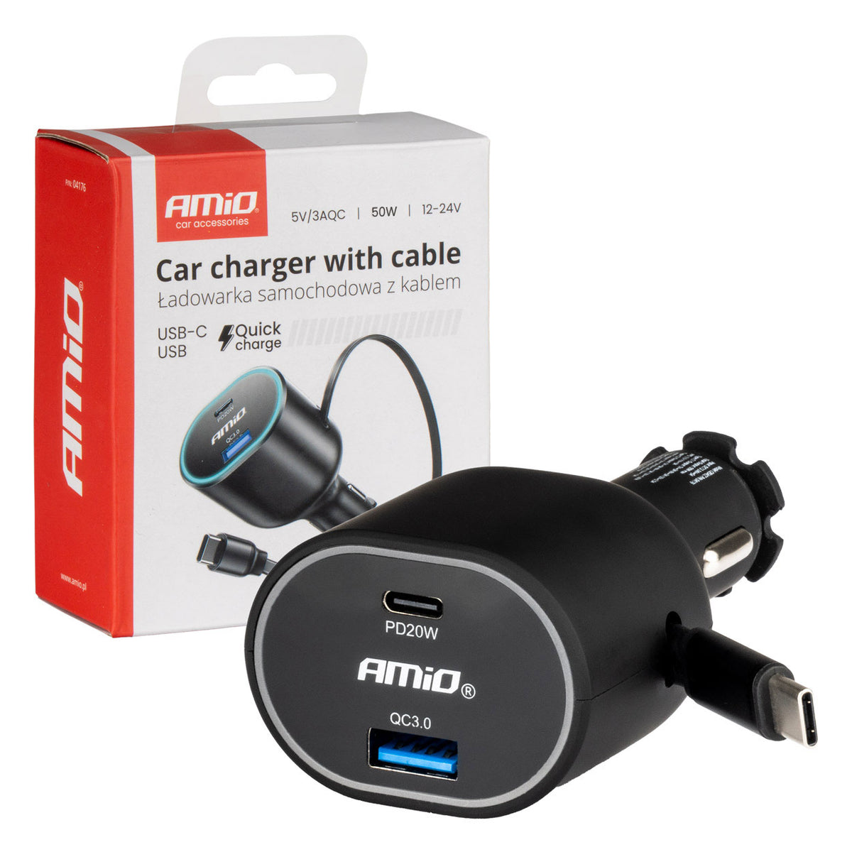 Snelle autolader 3.0 met 30W C intrekbare kabel PD20W AMiO 04176 - AMiO 04176 - afbeelding 1