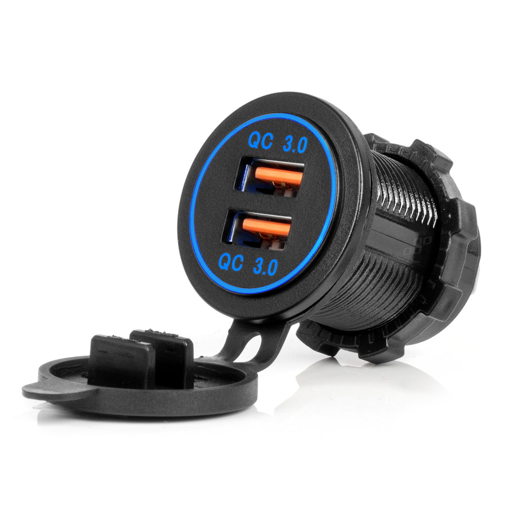 Waterdichte telefoonoplader met BLAUWE LED-achtergrondverlichting 2xUSB QC3.0 12/24V AMiO 04218 - AMiO 04218 - afbeelding 1