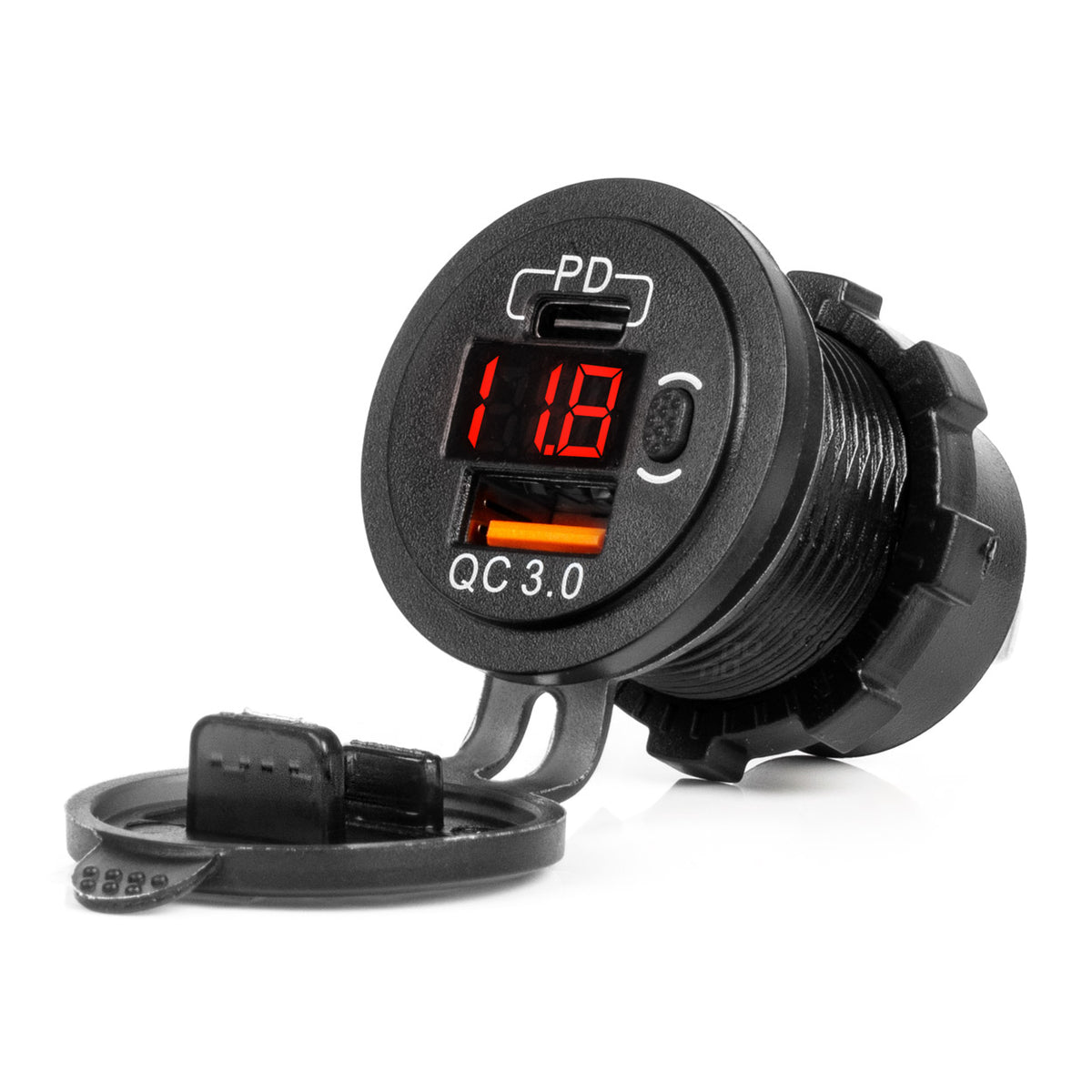 Waterdichte telefoonoplader ,schakelaar RODE LED-indicator Digitale voltomtr USB+USB C QC3.0 12/24V AMiO 04222 - AMiO 04222 - afbeelding 1