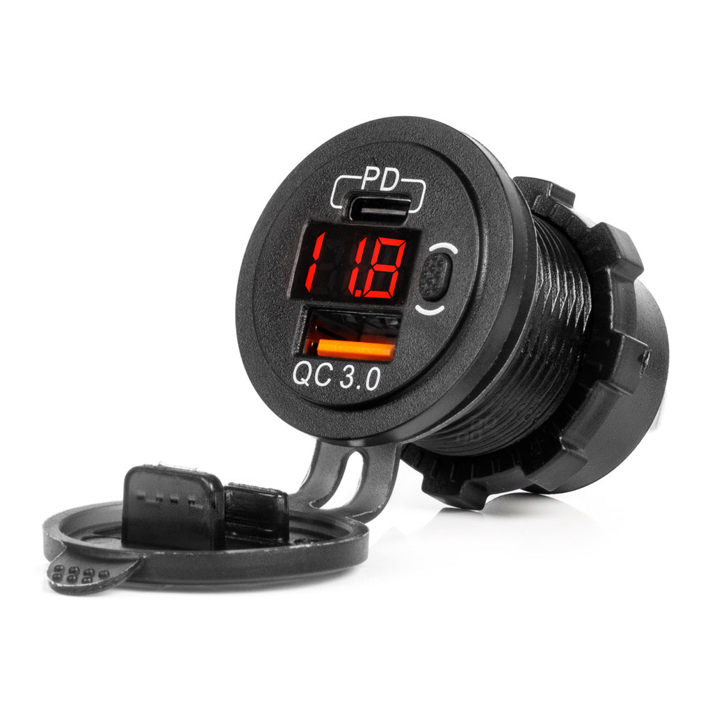 Waterdichte telefoonoplader ,schakelaar RODE LED-indicator Digitale voltomtr USB+USB C QC3.0 12/24V AMiO 04222 - AMiO 04222 - afbeelding 5