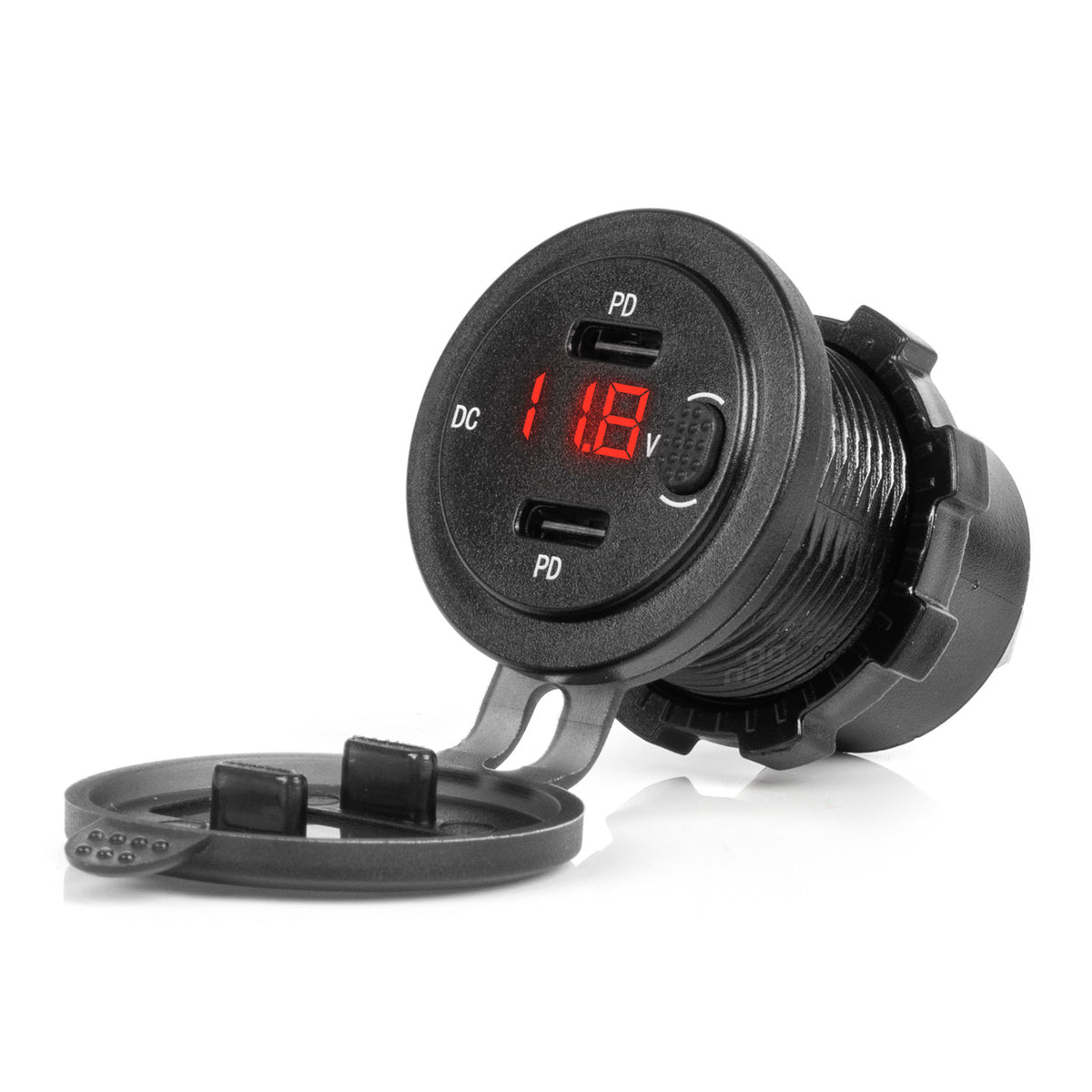 Waterdichte telefoonoplader met schakelaar RODE LED-indicator Digitale voltometer 2xUSB C 12/24V AMiO 04226 - AMiO 04226 - afbeelding 1