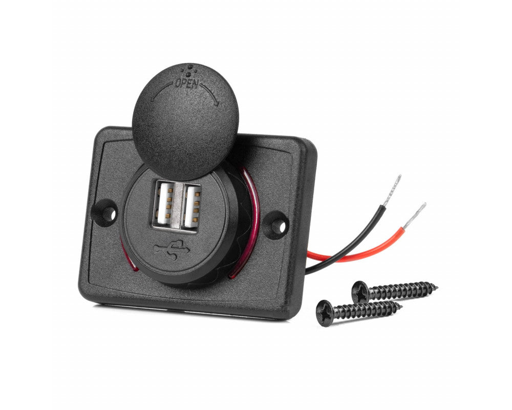 Vierkante waterdichte lader met rode LED-achtergrondverlichting, 2xUSB, 12/24V (64x48mm)
