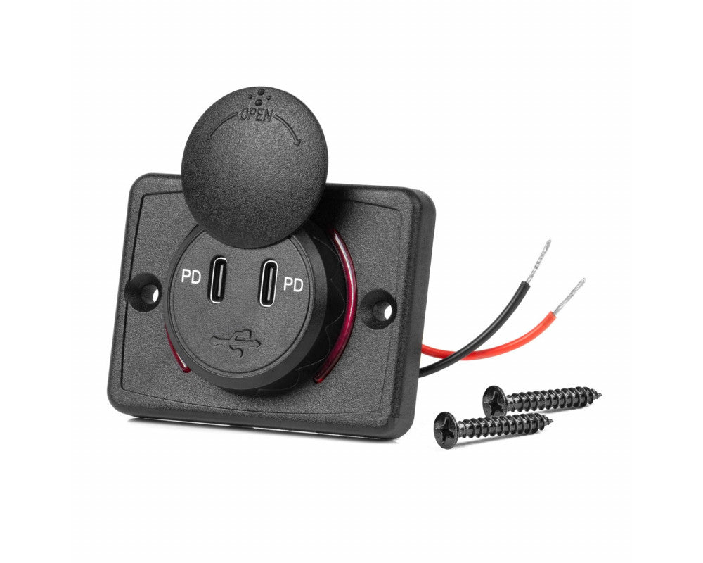 Vierkante waterdichte lader met rode LED-achtergrondverlichting, 2x USB C, 12/24V (64x48mm)