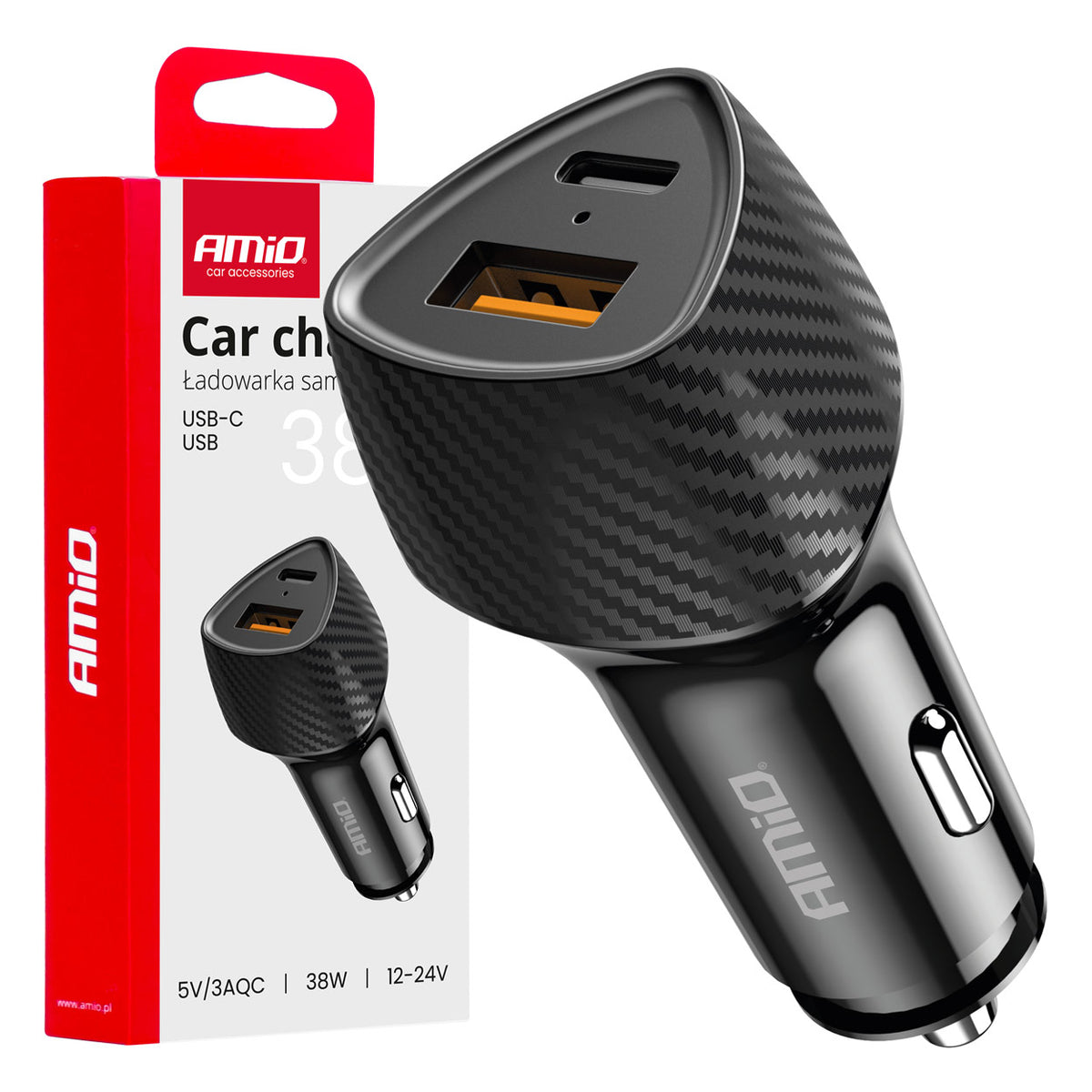 Autolader QC+PD 38W USB-A + USB-C AMiO 04283 - AMiO 04283 - afbeelding 1