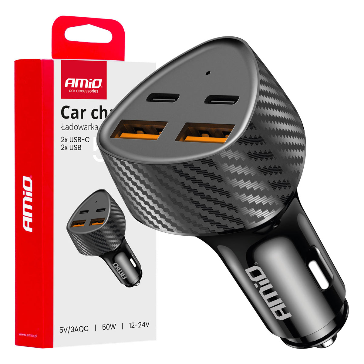 Autolader 50W 2xUSB-A + 2xUSB-C AMiO 04284 - AMiO 04284 - afbeelding 1