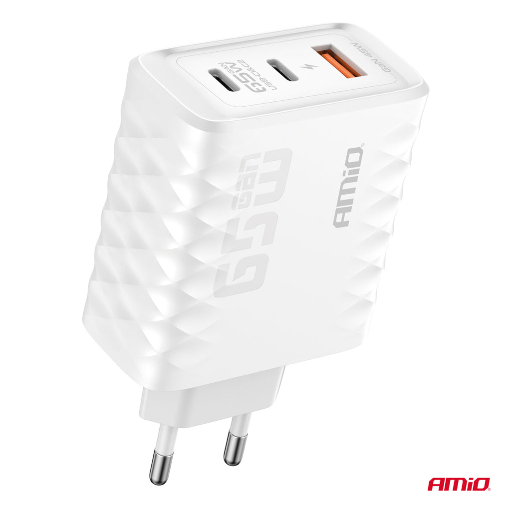 Wandlader Quick Charge 65W USB-A + 2xUSB-C AMiO 04289 - AMiO 04289 - afbeelding 2