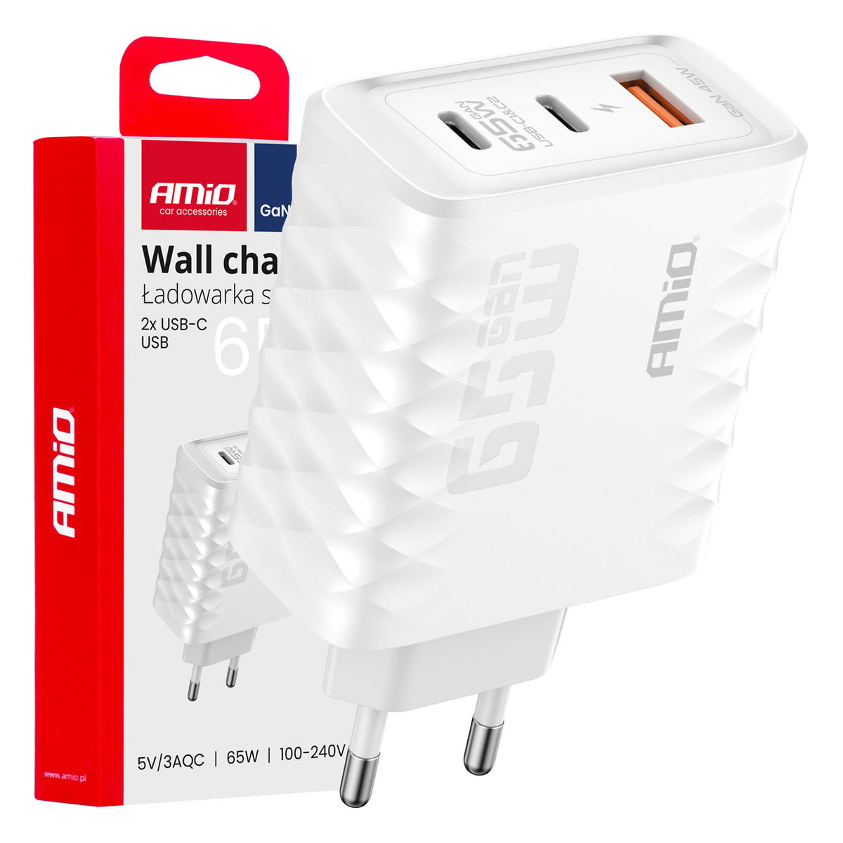 Wandlader Quick Charge 65W USB-A + 2xUSB-C AMiO 04289 - AMiO 04289 - afbeelding 3
