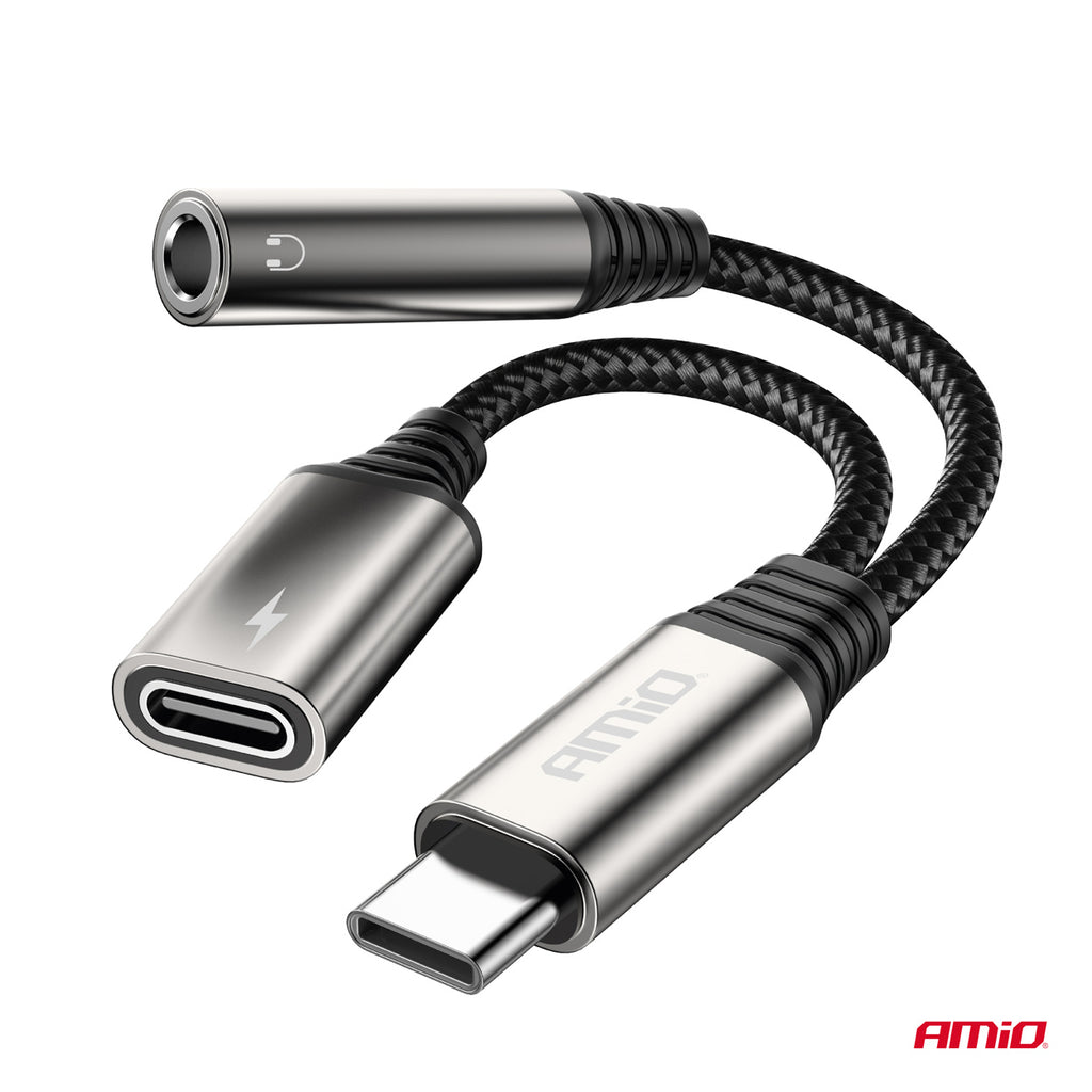 USB-C NAAR TYPE USB-C + Mini Jack 3,5 mm Female Adapter 10 cm AMiO 04295 - AMiO 04295 - afbeelding 2