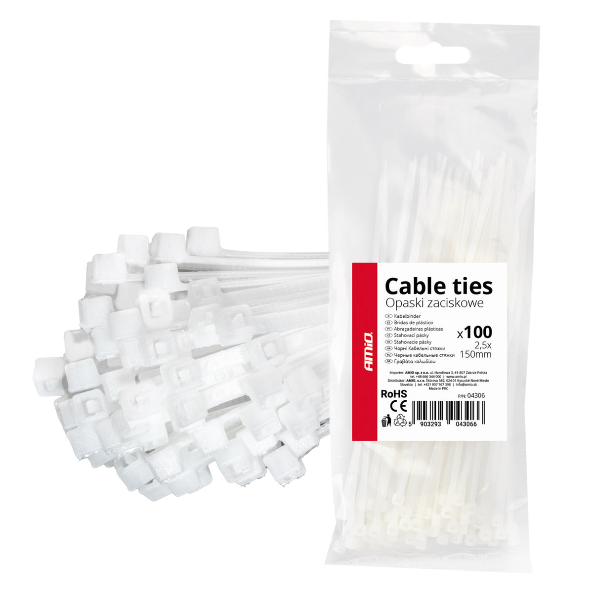 Witte kabelbinders 2,5×150mm 100 stuks AMiO 04306 - AMiO 04306 - afbeelding 1