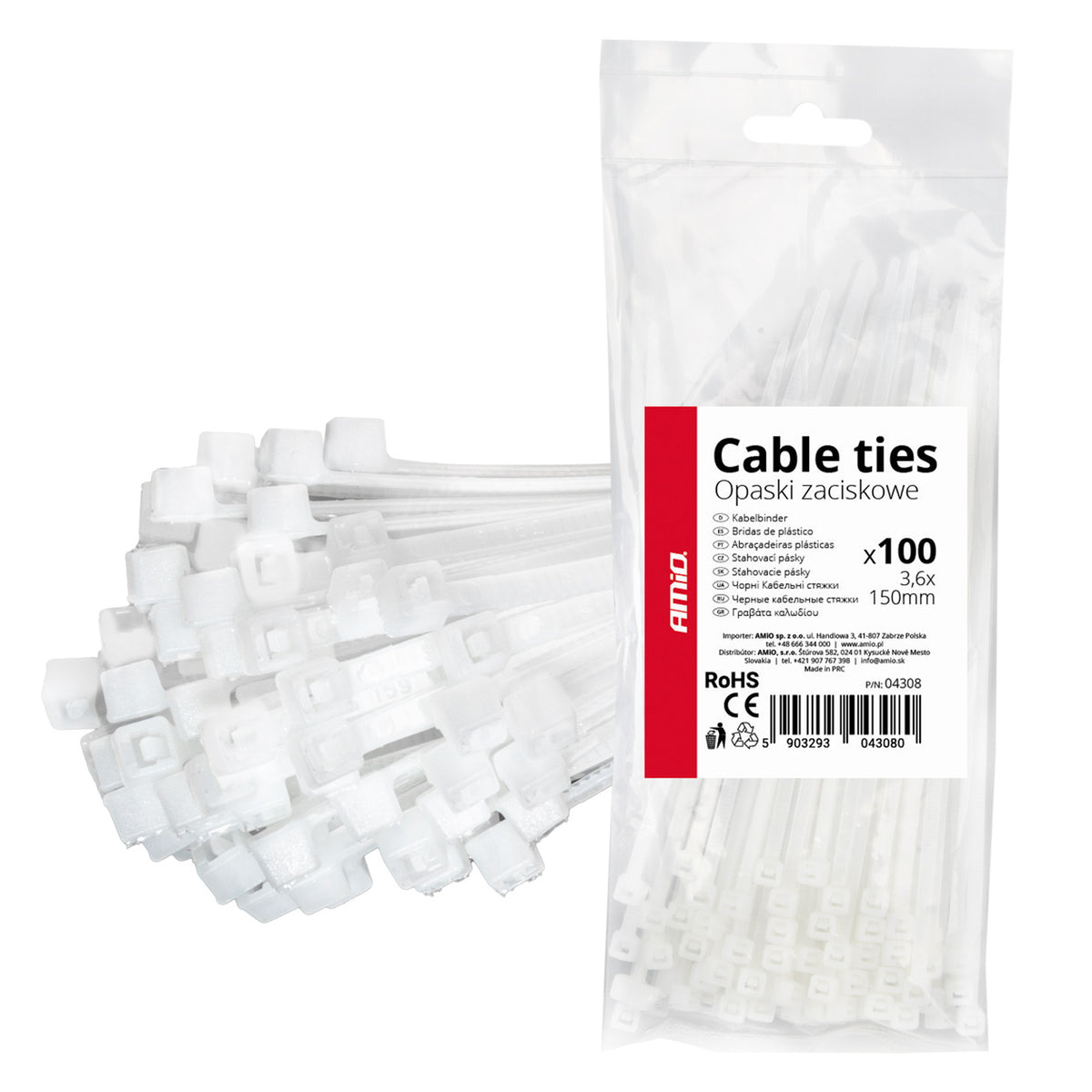 Witte kabelbinders 3,6×150mm 100 stuks AMiO 04308 - AMiO 04308 - afbeelding 1