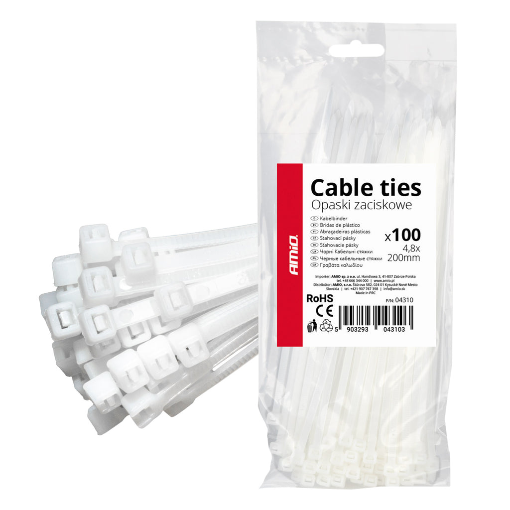 Witte kabelbinders 4,8×200mm 100 stuks AMiO 04310 - AMiO 04310 - afbeelding 1