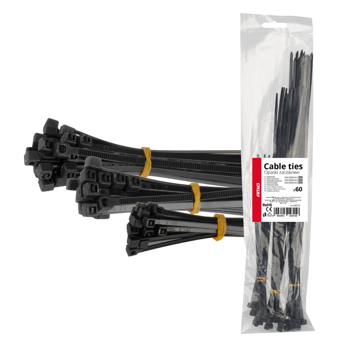 Kunststof kabelbinders zwart lange set 60 stuks AMiO 04315 - AMiO 04315 - afbeelding 1