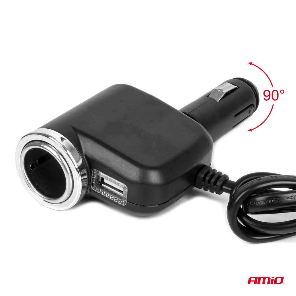 Drievoudige stekkerdoos oplader 1x USB A 1x sigarettenaansteker 12/24V 120W 80cm AMiO 04360 - AMiO 04360 - afbeelding 3