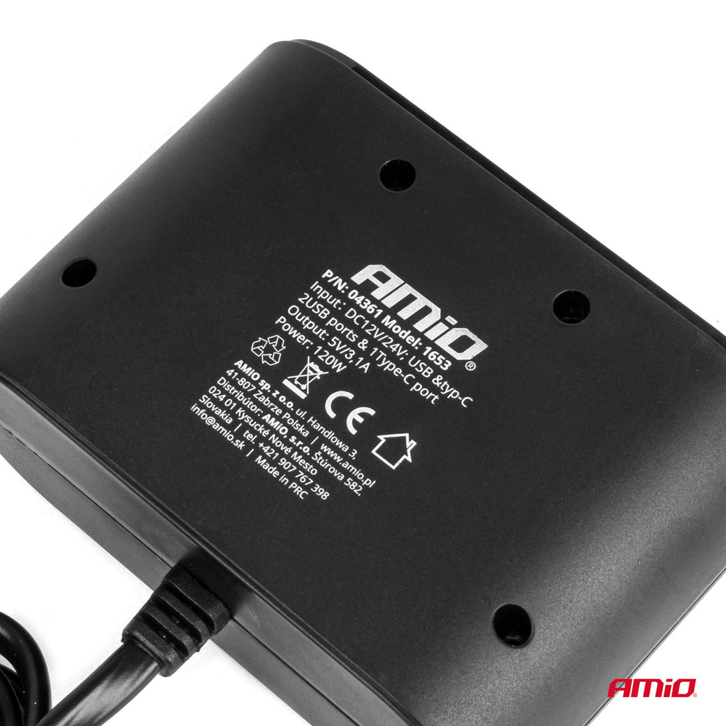 Drievoudige stekkerdoosoplader 2x USB A 1x USB C 12/24V 120W 70cm AMiO 04361 - AMiO 04361 - afbeelding 4