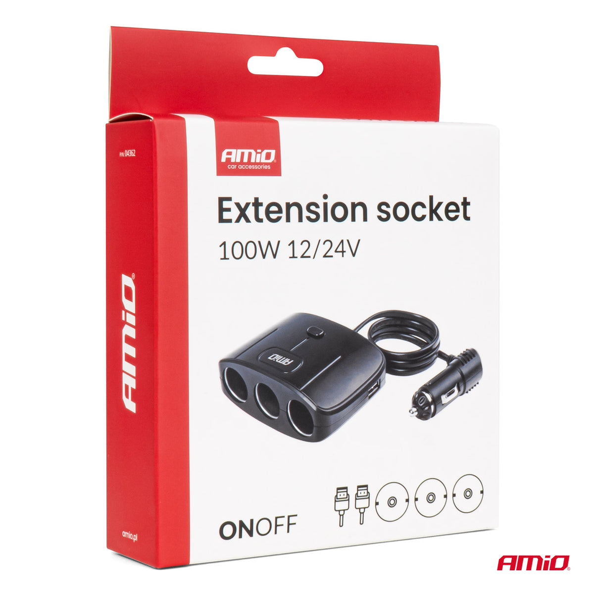 Drievoudige stekkerdoos oplader 2x USB A AAN/UIT knop 12/24V 100W 70cm AMiO 04362 - AMiO 04362 - afbeelding 8