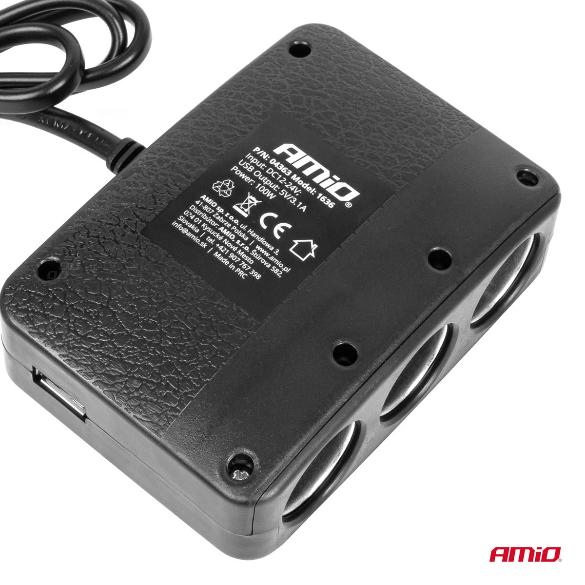 Drievoudige stekkerdoosoplader 2x USB A AAN/UIT-knop LED-indicator 12/24V 100W 70cm AMiO 04363 - AMiO 04363 - afbeelding 4