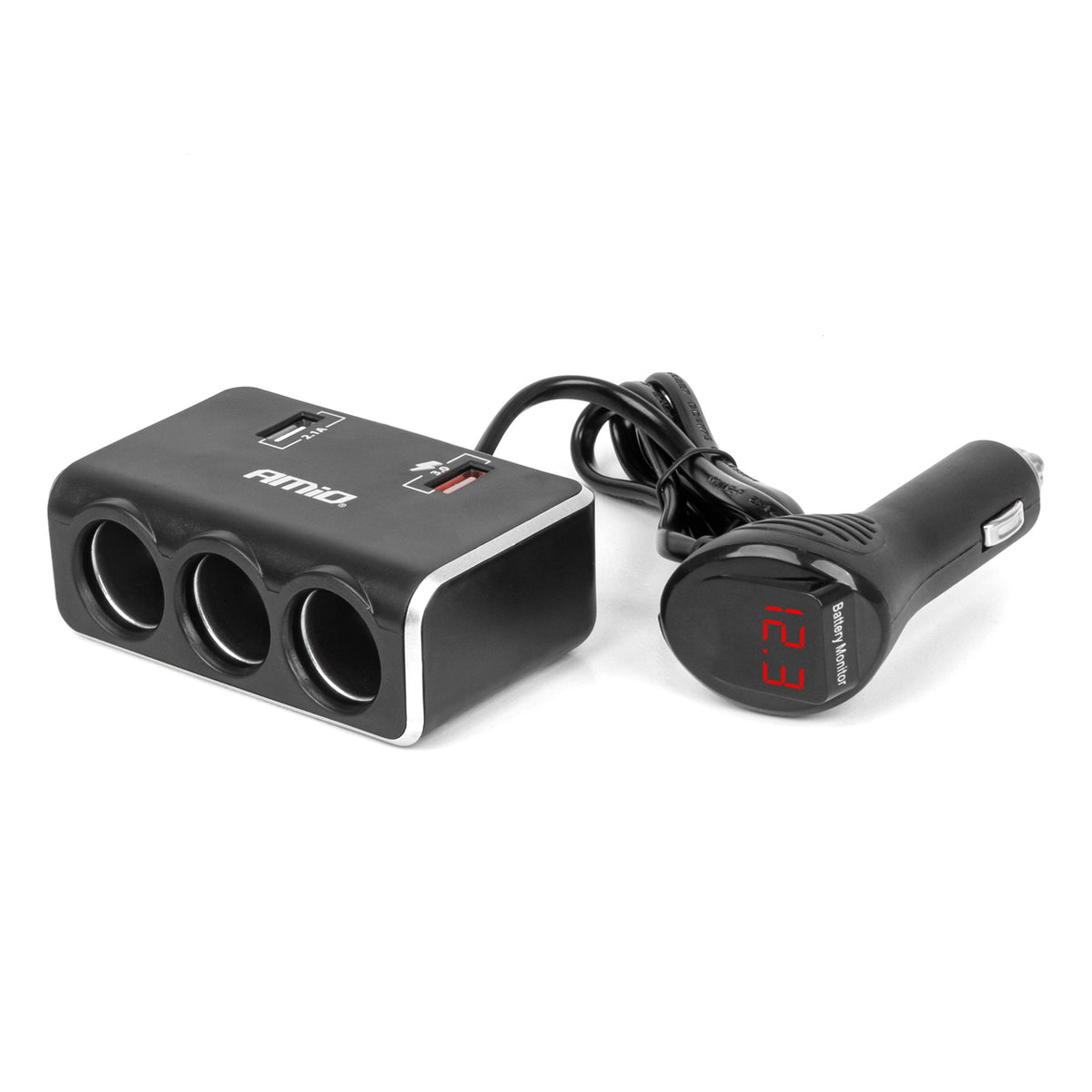 Drievoudige stekkerdoos oplader met digitaal display 2x USB A QC 3.0 12/24V 120W 80cm AMiO 04364 - AMiO 04364 - afbeelding 1