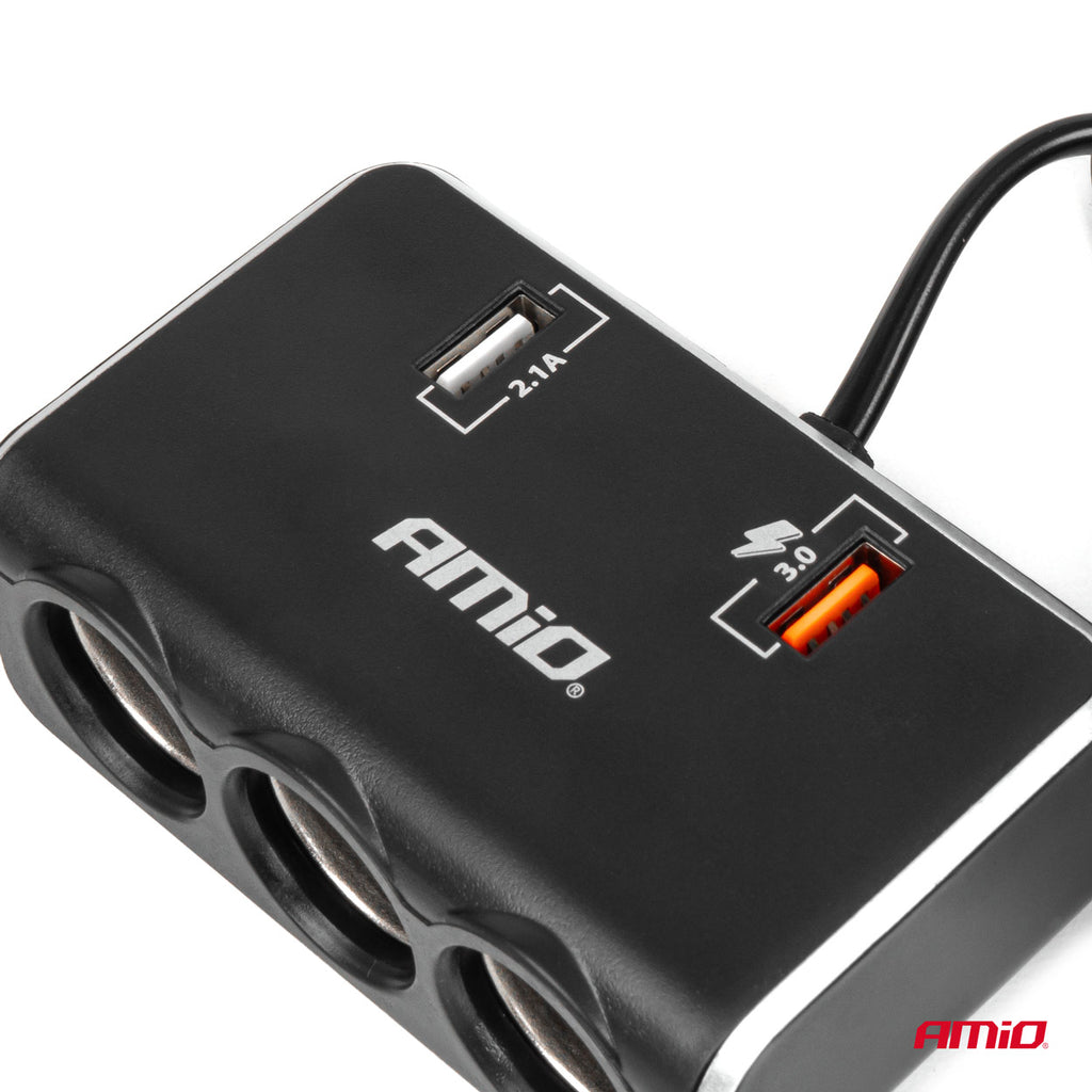 Drievoudige stekkerdoos oplader met digitaal display 2x USB A QC 3.0 12/24V 120W 80cm AMiO 04364 - AMiO 04364 - afbeelding 4