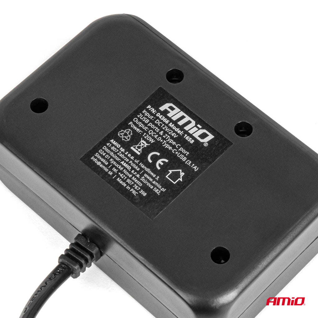 Drievoudige stekkerdoosoplader met digitaal display 2x USB A 1x USB C QC 4.0 12/24V 120W 80cm AMiO 04366 - AMiO 04366 - afbeelding 3