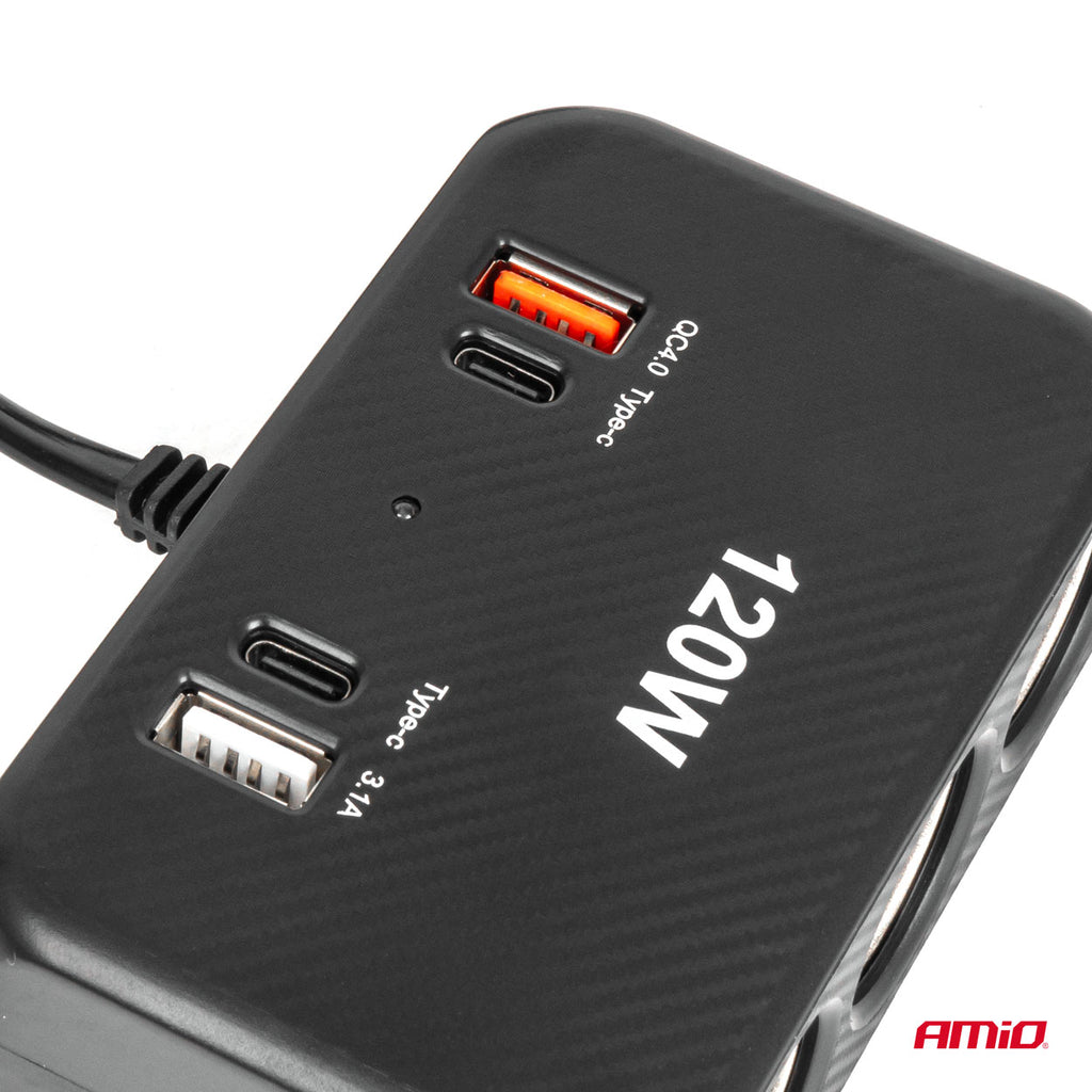 Drievoudige stekkerdoosoplader met digitaal display 2x USB A 1x USB C QC 4.0 12/24V 120W 80cm AMiO 04366 - AMiO 04366 - afbeelding 4