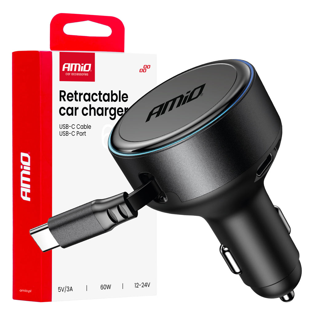 Intrekbare autolader C-kabel + USB C-poort 12/24V 60W AMiO 04368 - AMiO 04368 - afbeelding 1
