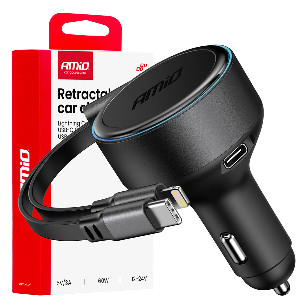 Intrekbare autolader C-kabel + lightning-kabel + USB C-poort 12/24V 60W AMiO 04370 - AMiO 04370 - afbeelding 5