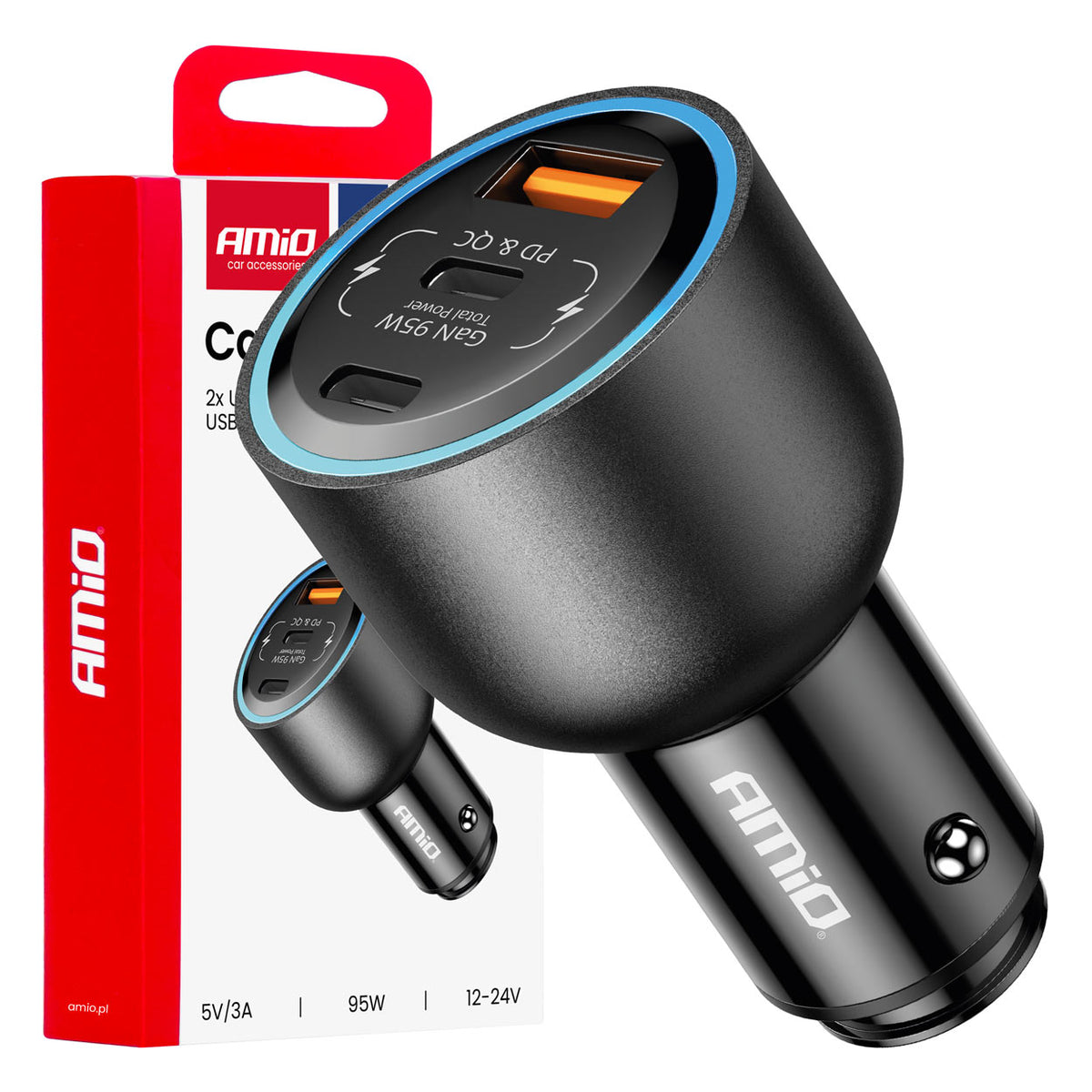 Autolader dubbele USB C-poort + USB A-poort 12/24V 95W AMiO 04372 - AMiO 04372 - afbeelding 1