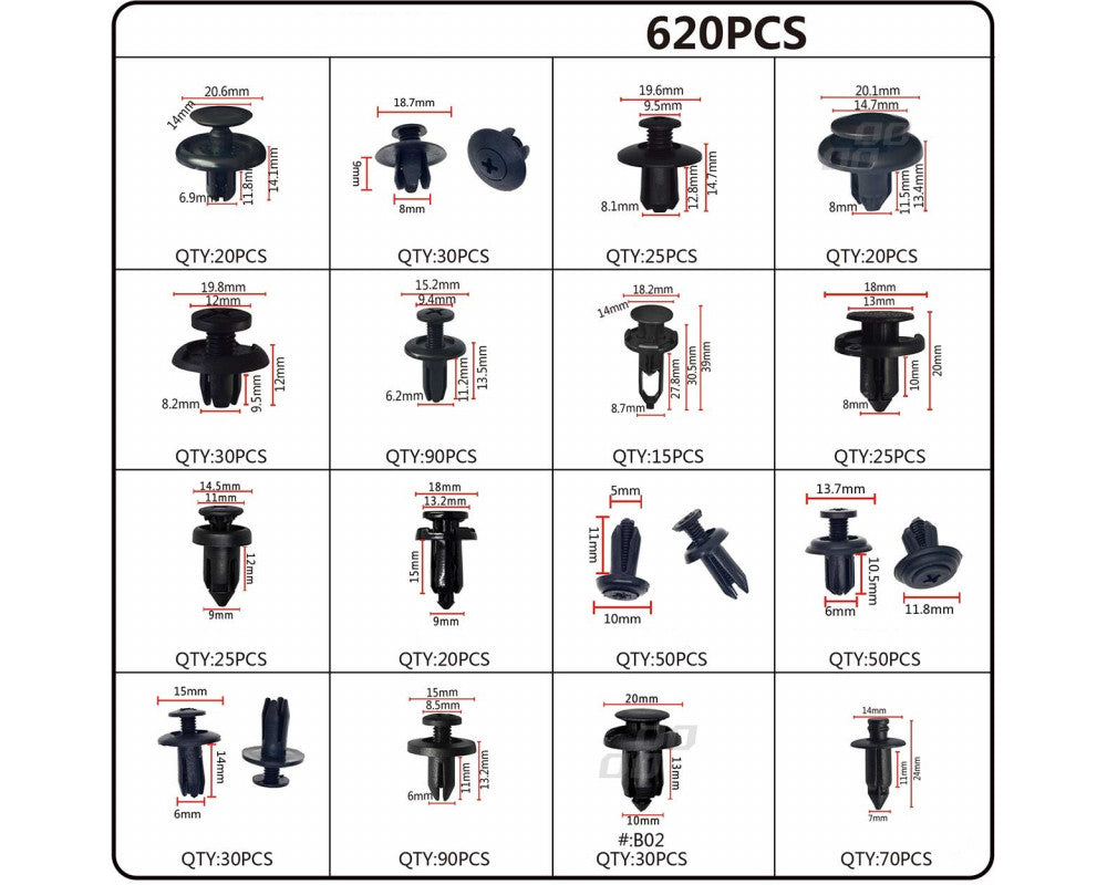 Universele set met 620stuks Automotive clips plus pinnen en gereedschap