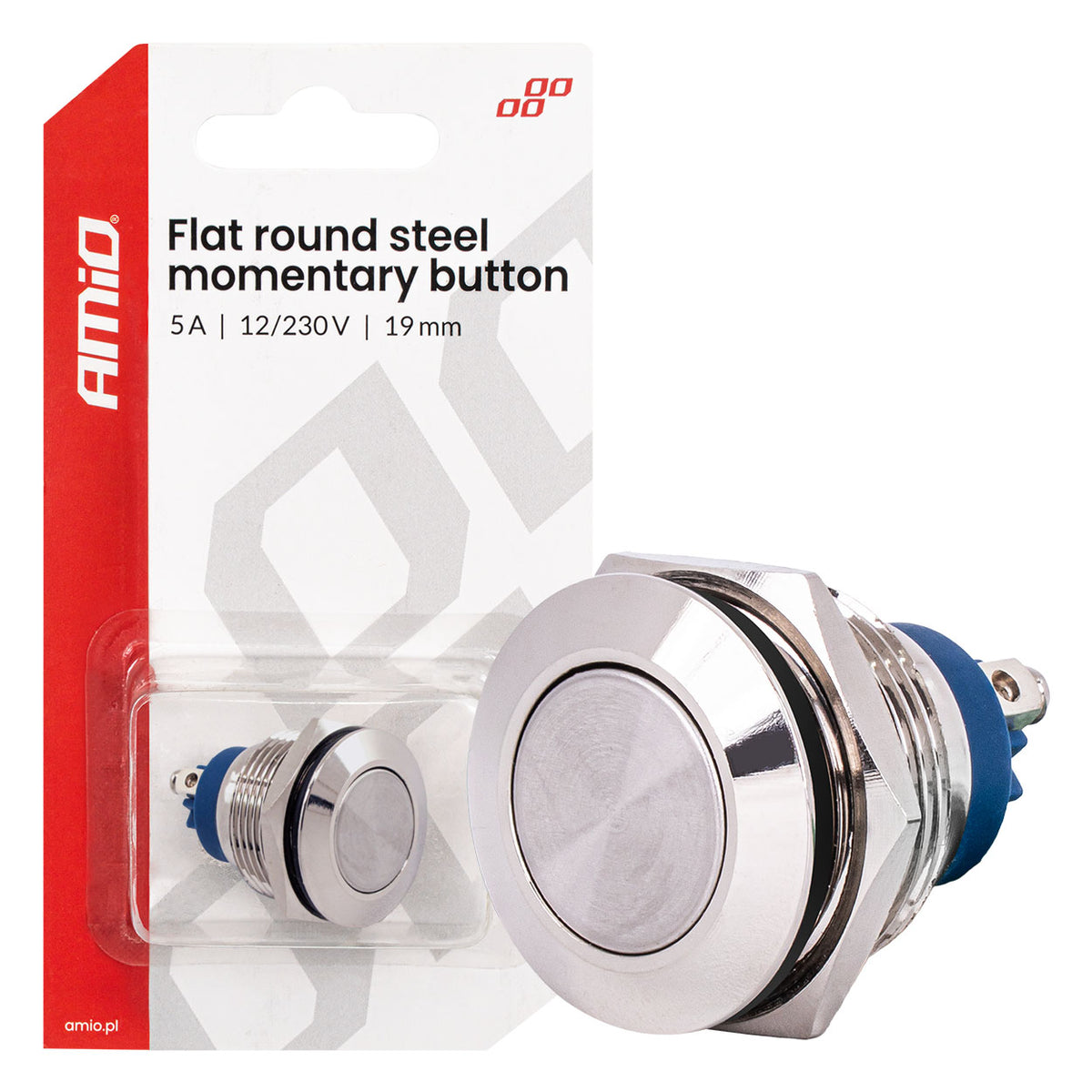 Platte ronde stalen momentknop 19 mm, 5 A, 12/230 V, AMiO 04436 - AMiO 04436 - afbeelding 1