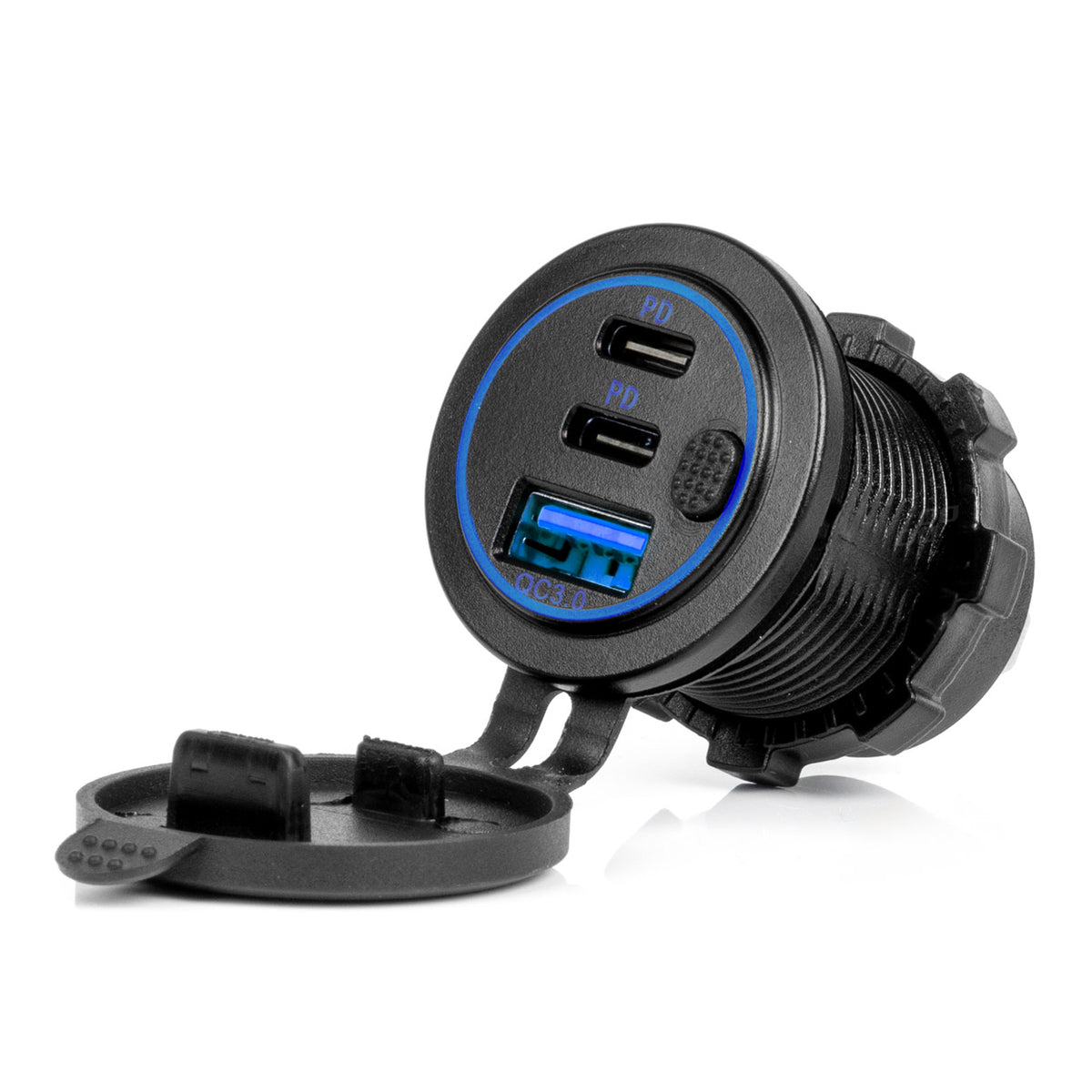 Waterdichte telefoonoplader met schakelaar BLAUWE LED-achtergrondverlichting USB + 2xUSB C QC3.0 12/ AMiO 04596 - AMiO 04596 - afbeelding 1
