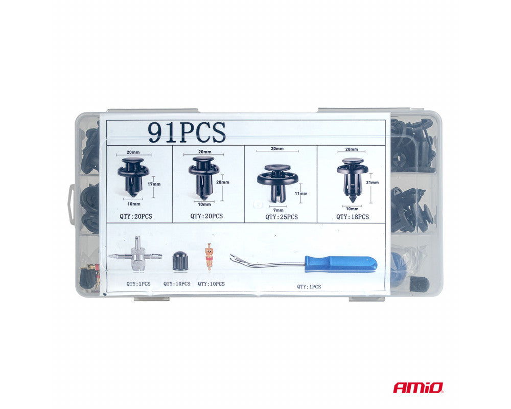 Set met 83stuks Automotive clips en bevestigingspinnen en gereedschap