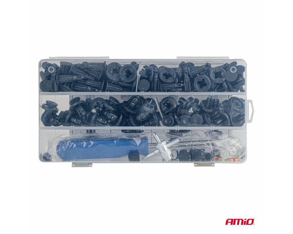 Set met 83stuks Automotive clips en bevestigingspinnen en gereedschap