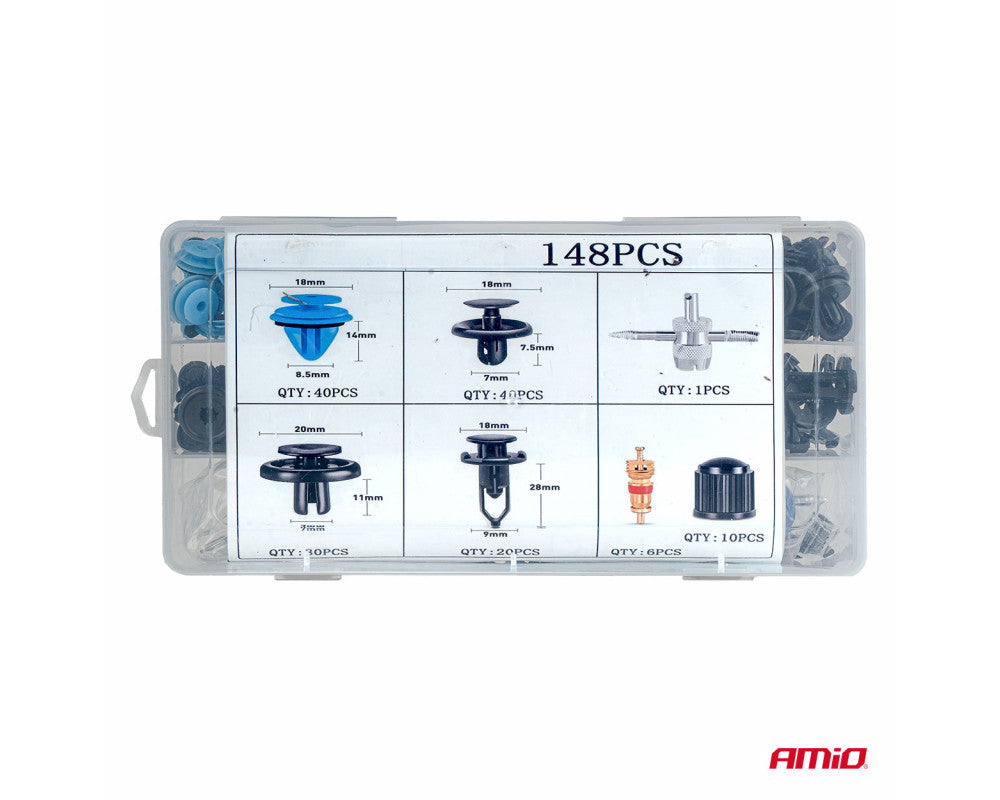 Set met 148stuks Automotive clips en bevestigingspinnen + gereedschap